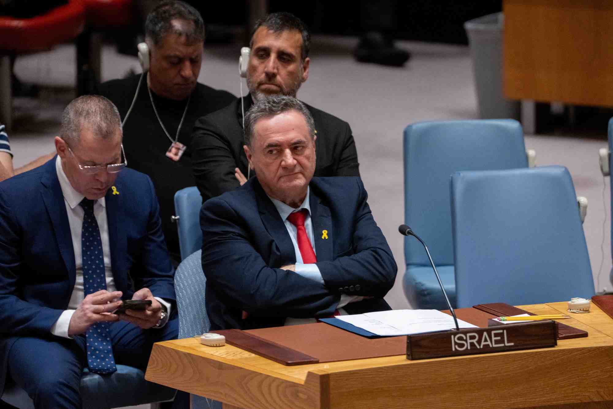 Israel katz, ministre des affaires etrangeres aupres des nations unies, lors d'une reunion au siege de l'onu a new york