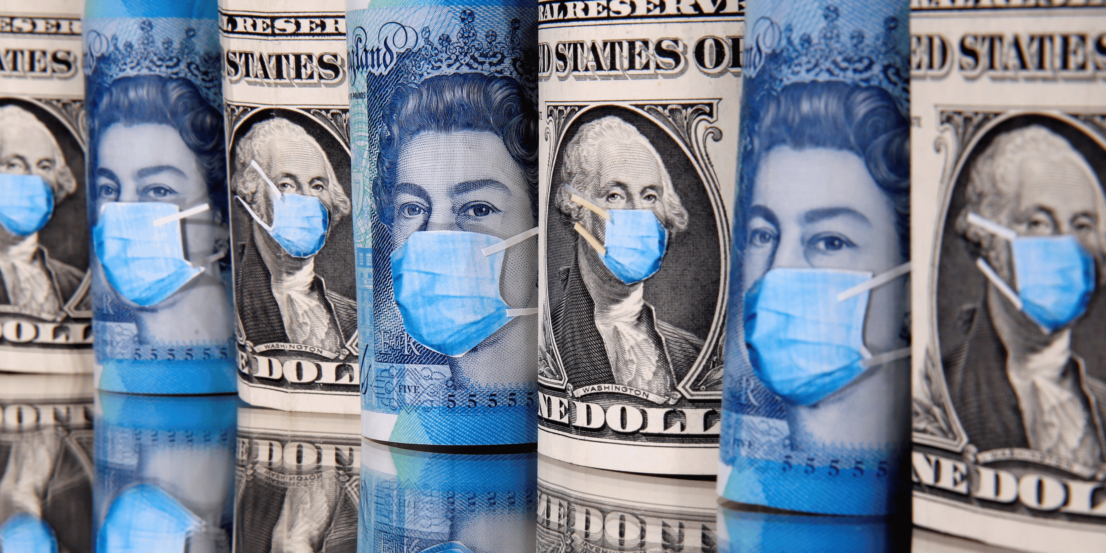 Illustration économie malade coronavirus, Covid-19, argent, billets, masques, dollars, livres