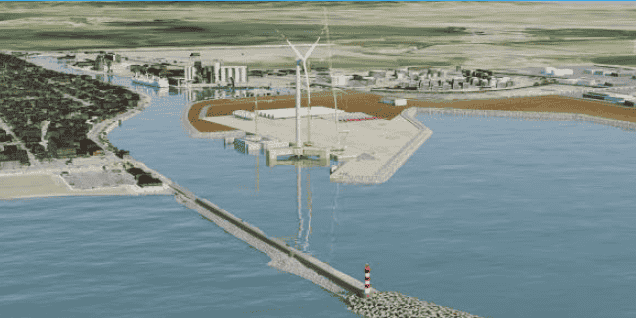 Vue d'artiste du projet d'extension portuaire, avec notamment le projet de ferme d'éoliennes off-shore