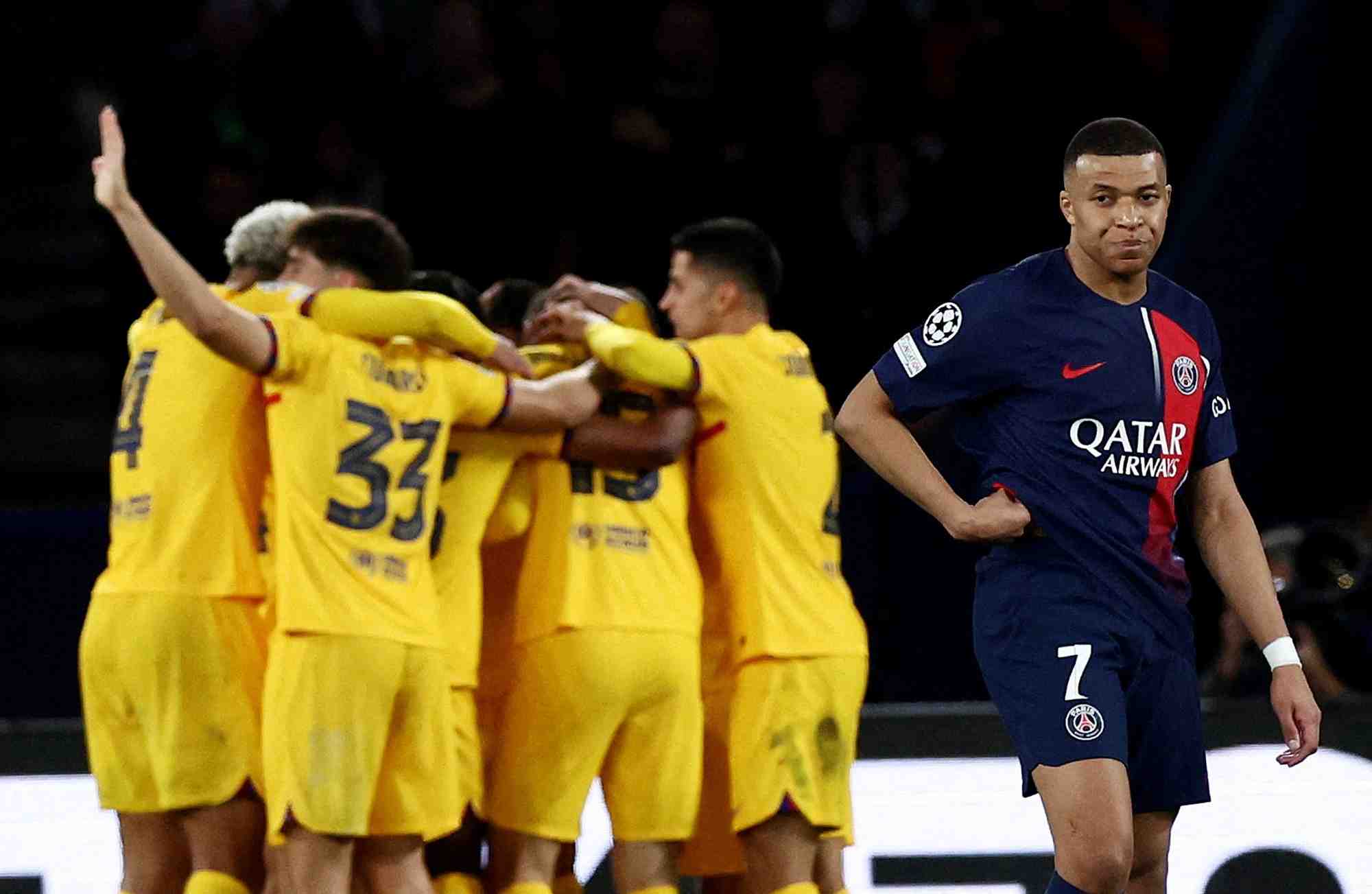 Kylian mbappe (paris st germain) apres le troisieme but d'andreas christensen (fc barcelone) en quart de finale de la ligue des champions
