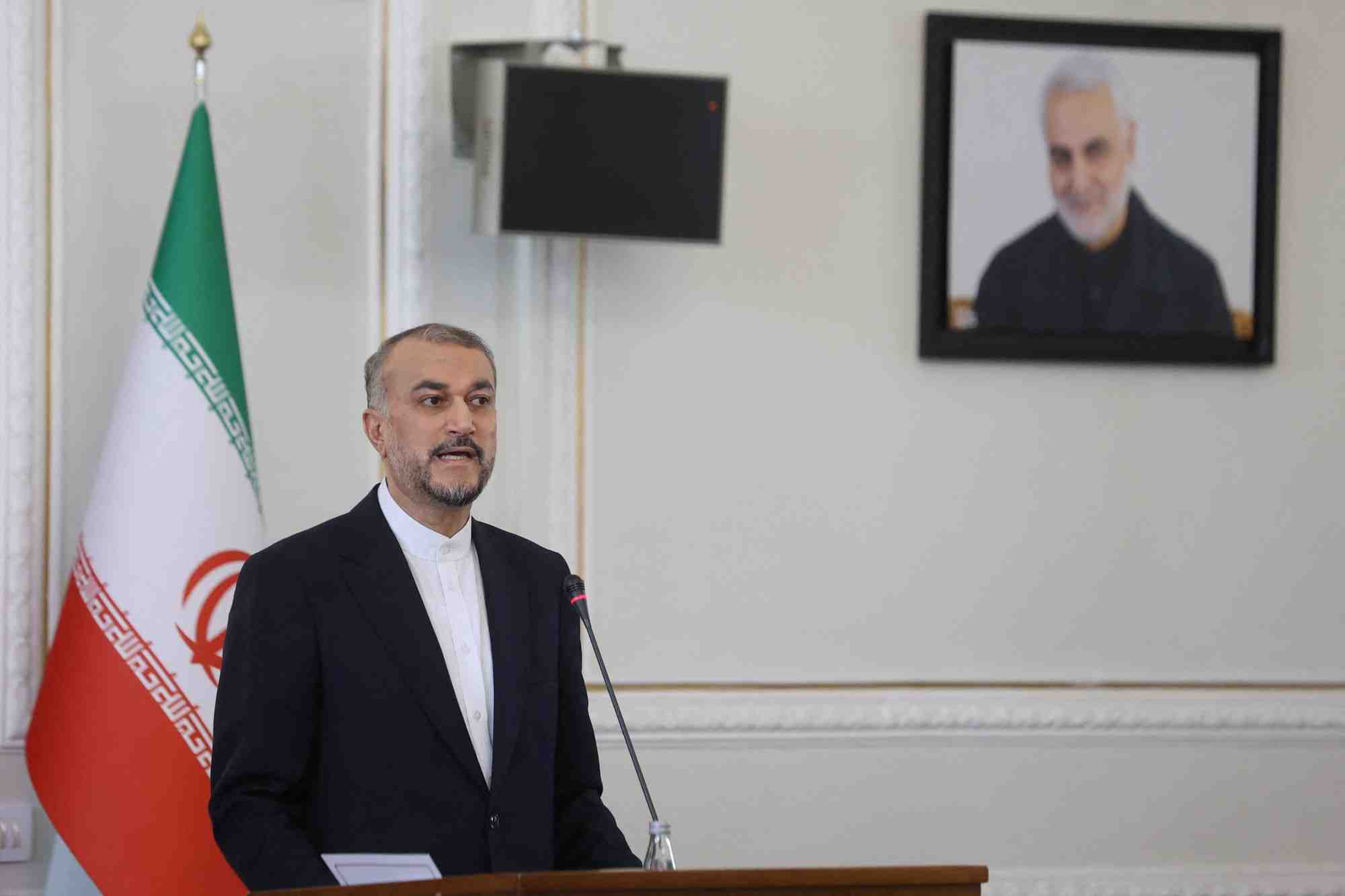 Le ministre iranien des affaires etrangeres, hossein amir-abdollahian, lors d'une conference de presse a teheran
