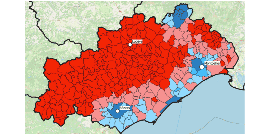 Carte de la fracture sanitaire de l’Hérault concernant les gynécologues (tous tarifs confondus), avec en rouge les déserts médicaux, en rose les accès difficiles aux soins, en bleu clair les accès inférieurs à la moyenne et en bleu foncé les accès très supérieurs à la moyenne.