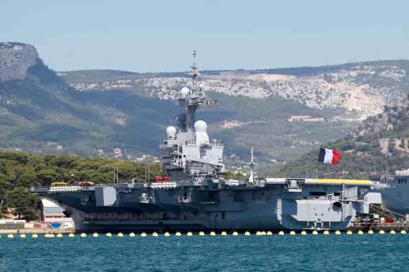 The french nuclear-powered aircraft carrier charles de gaulle is seen in the mediterranean port in toulon