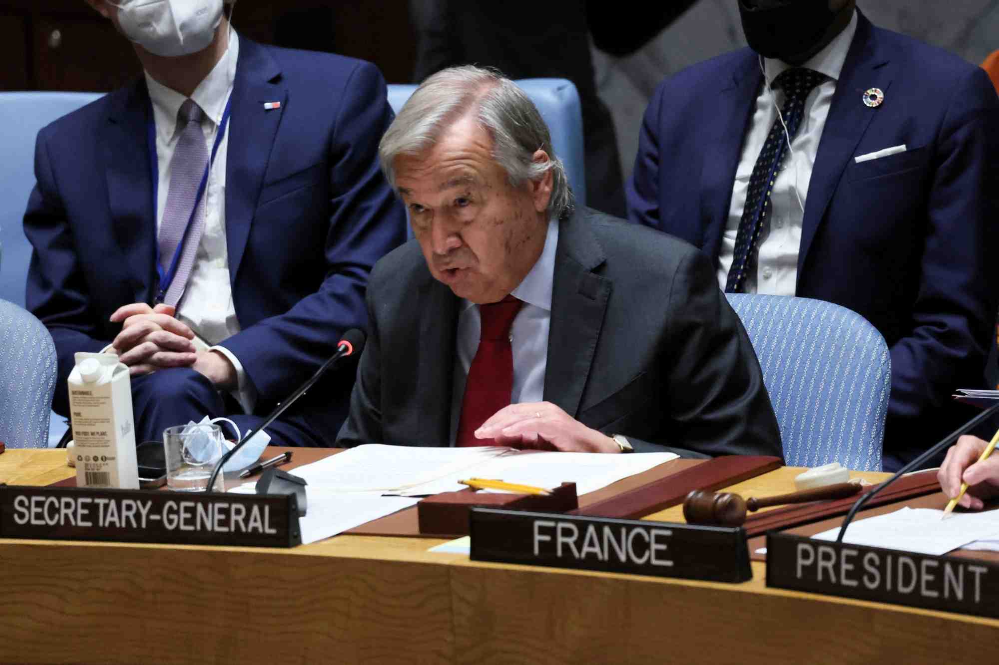 Le secretaire general des nations unies, antonio guterres, s'exprime lors d'une reunion du conseil de securite des nations unies