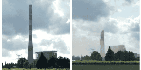 La déconstruction de la cheminée de la centrale thermique d'Aramon (Gard), symbole industriel du territoire, a démarré le 7 juin 2023.