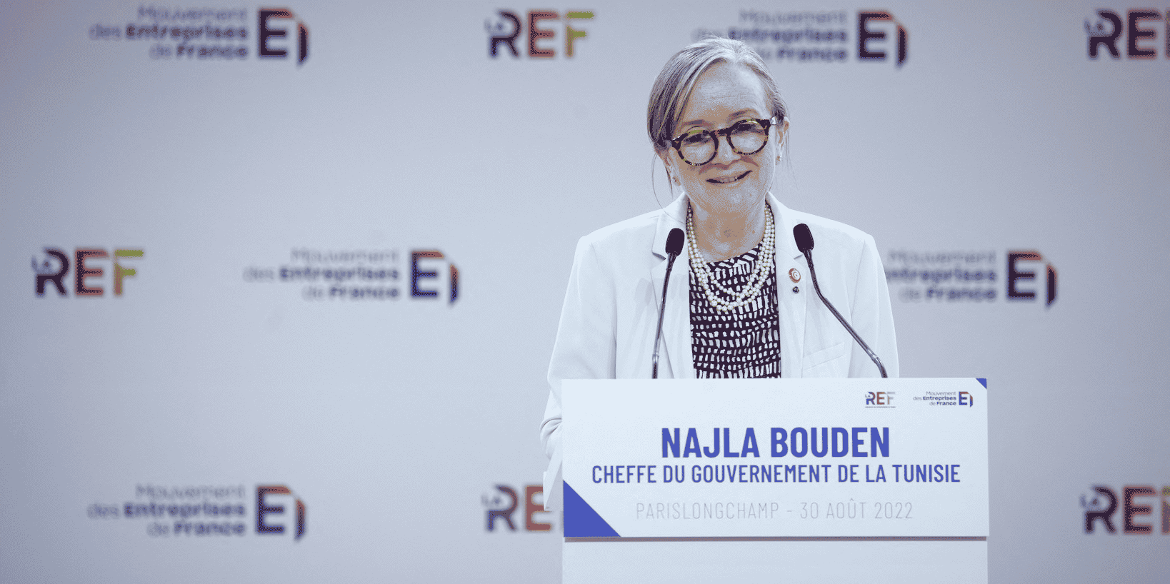 La Première ministre Najla Bouden, lors de son intervention à l'université du Medef le 30 août 2022.