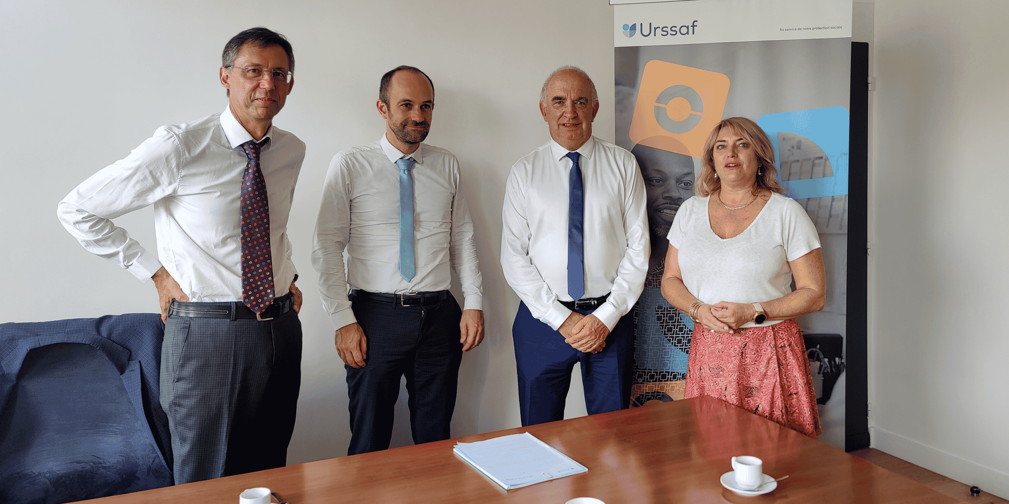 Henri Lourde Rocheblave, directeur de l'Urssaf Aquitaine, Yann-Gaël Amghar, le directeur général de l'Urssaf, Jean-Paul Pagola, le président de l'Urssaf Aquitaine et Valérie Ponzo, la directrice de la communication de l'Urssaf Aquitaine, lundi 11 septembre 2023.