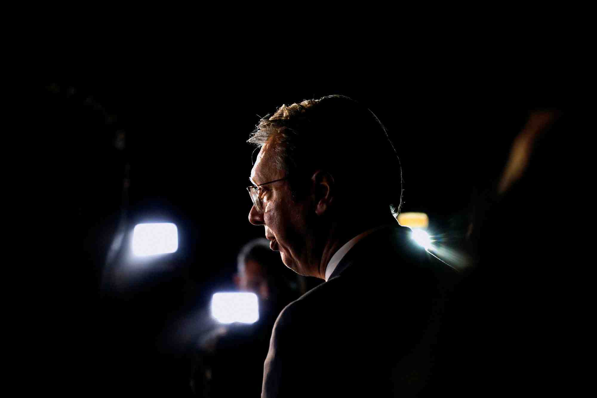 Le president serbe aleksandar vucic s'adresse aux medias, a ohrid, en macedoine du nord