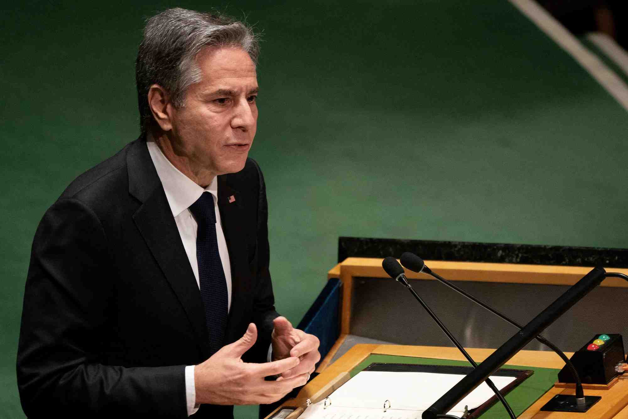 Le secretaire d'etat americain antony blinken s'adresse a l'assemblee generale des nations unies lors de la conference d'examen du traite de non-proliferation nucleaire a new york