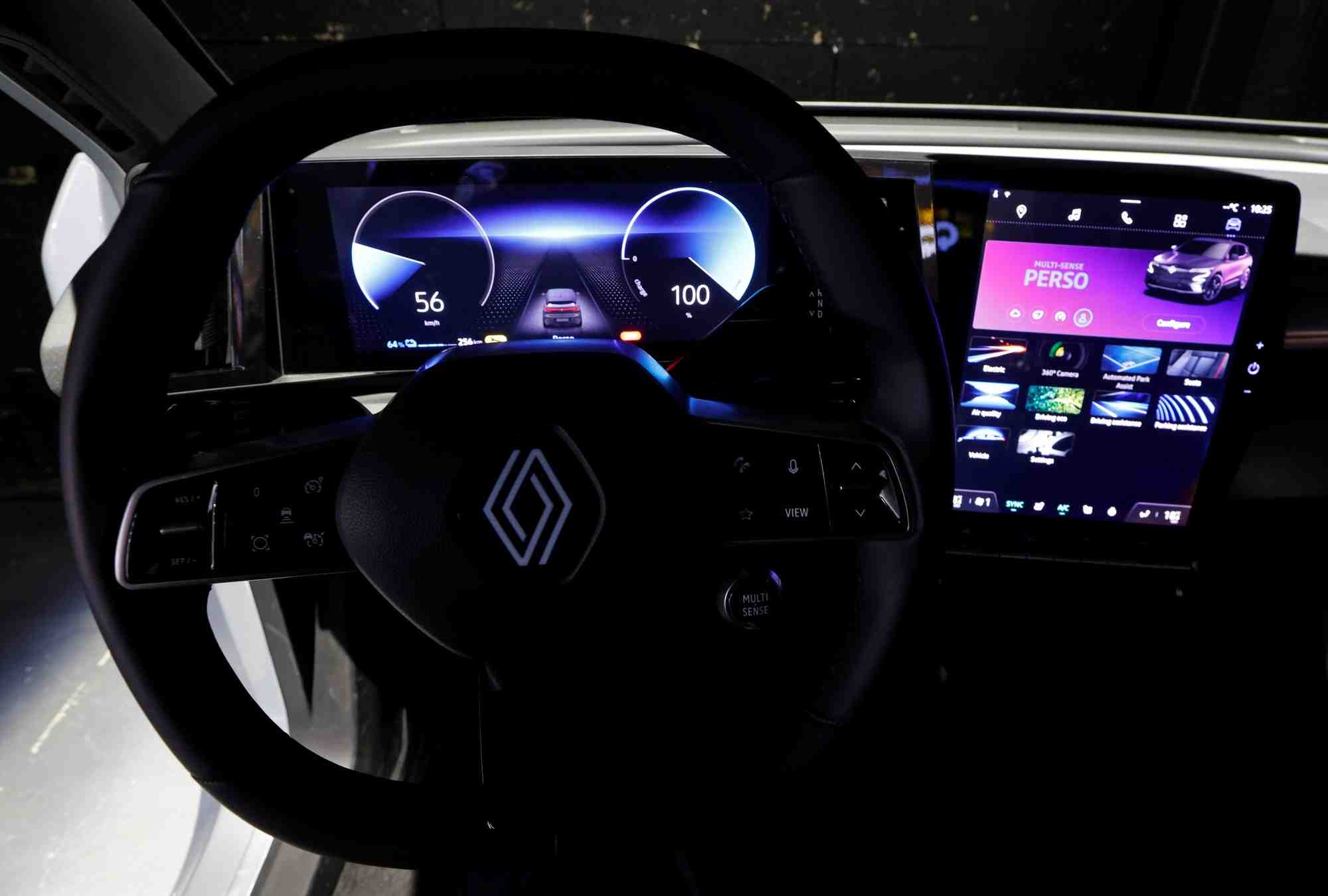 La voiture electrique renault megane e-tech est exposee lors d'une presentation a aubervilliers, pres de paris
