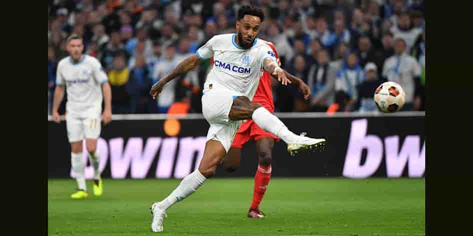 Pierre-Emerick Aubameyang au Vélodrome, face à Benfica, en quart de finale de la Ligue Europa, le 18 avril.