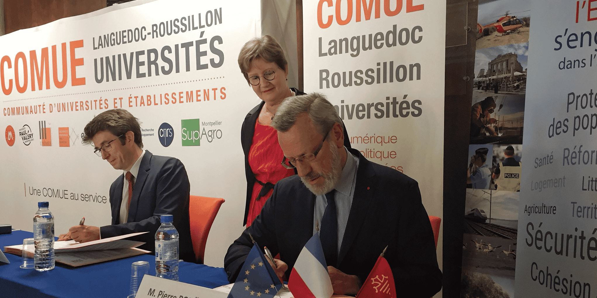 G. Halbout (Comue LR), B. Gille (rectrice) et P. Pouëssel (préfet de l'Hérault), signe une nouvelle convention pour l'accueil au SAI