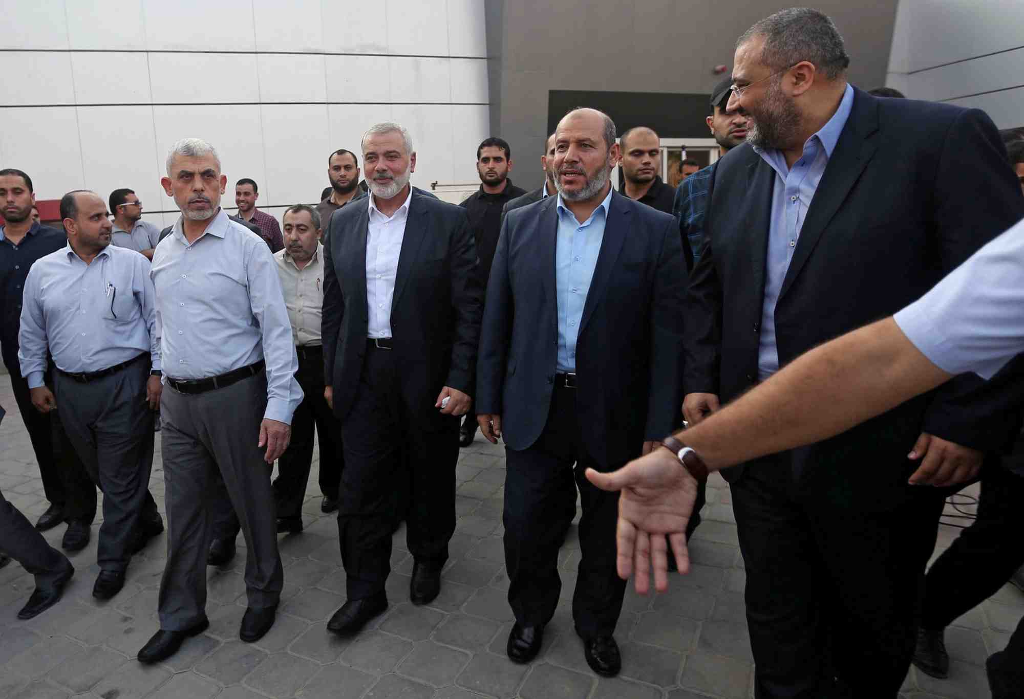 Le chef du hamas a gaza, yahya al-sinwar, le chef du hamas, ismail haniyeh, et un haut dirigeant du hamas, khalil al-hayya dans le sud de la bande de gaza