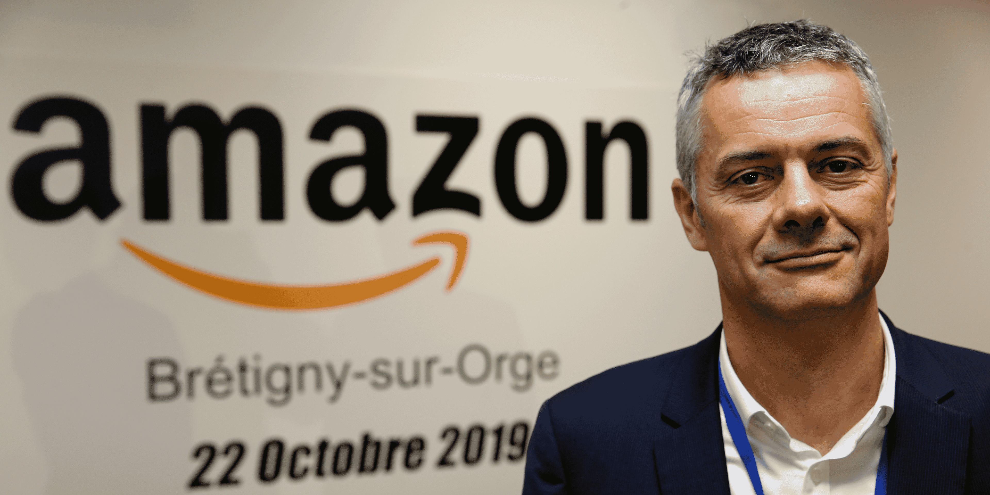 Frédéric Duval, Directeur général d'Amazon France, lors d'une visite de presse au centre de distribution de Brétigny-sur-Orge