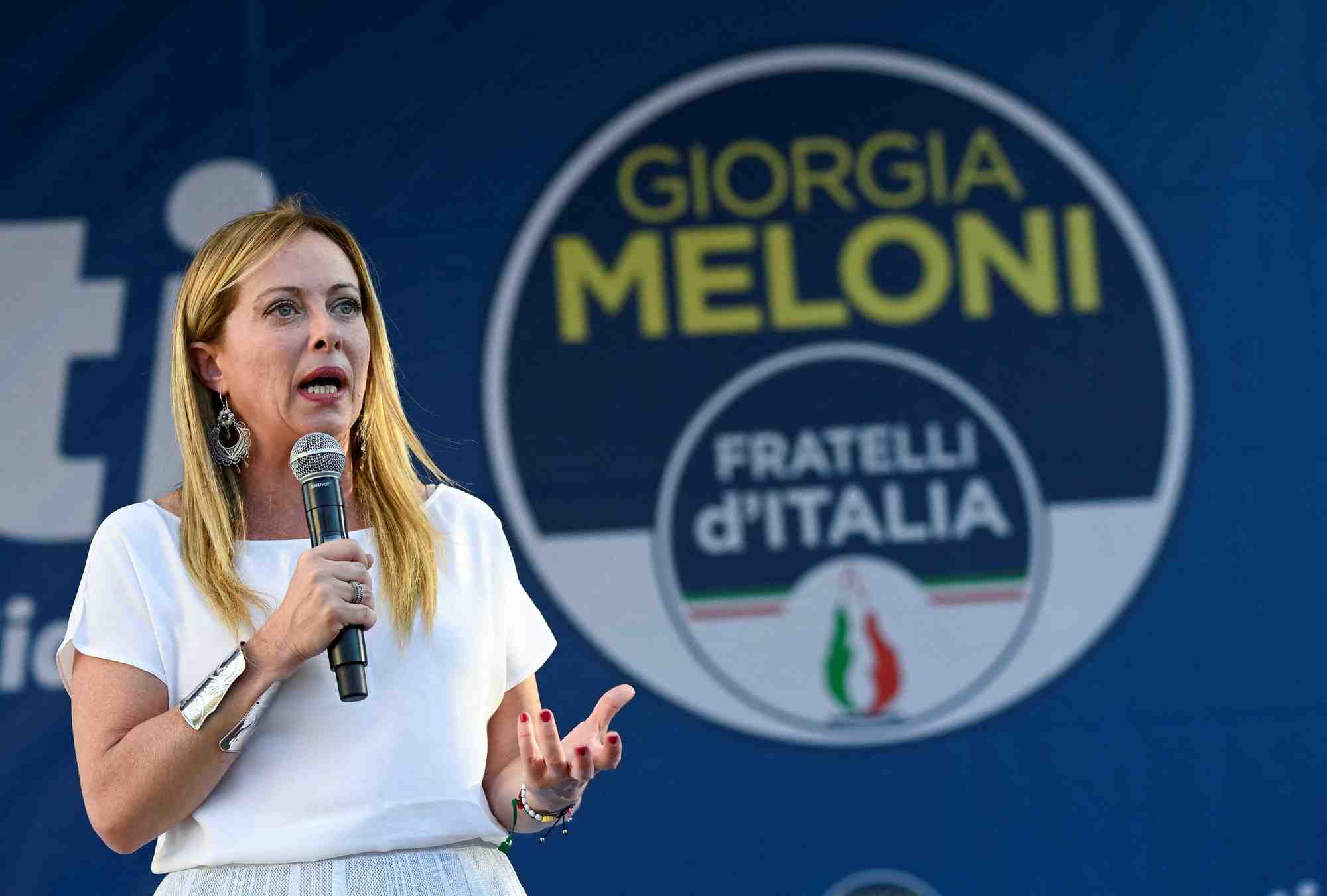 Giorgia meloni, leader du parti d'extreme droite freres d'italie, lors d'un rassemblement a milan