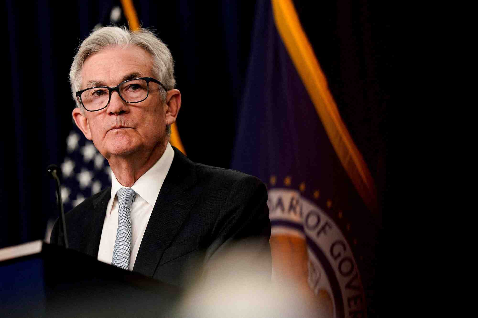 Le president de la reserve federale jerome powell lors d'une conference de presse a washington