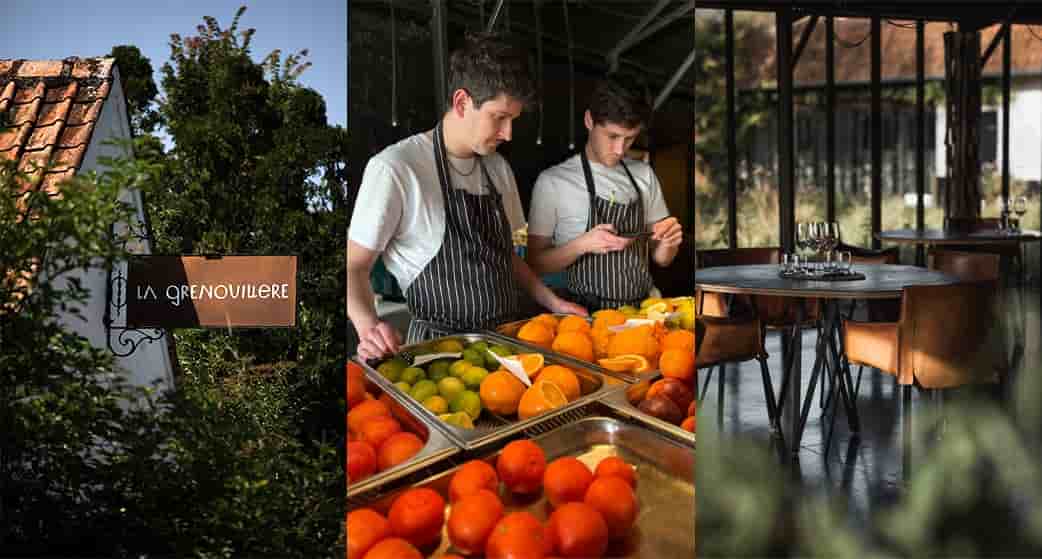 La façade en verre ouverte sur la campagne et les deux chapiteaux au toit de métal offrent une singularité supplémentaire au restaurant.