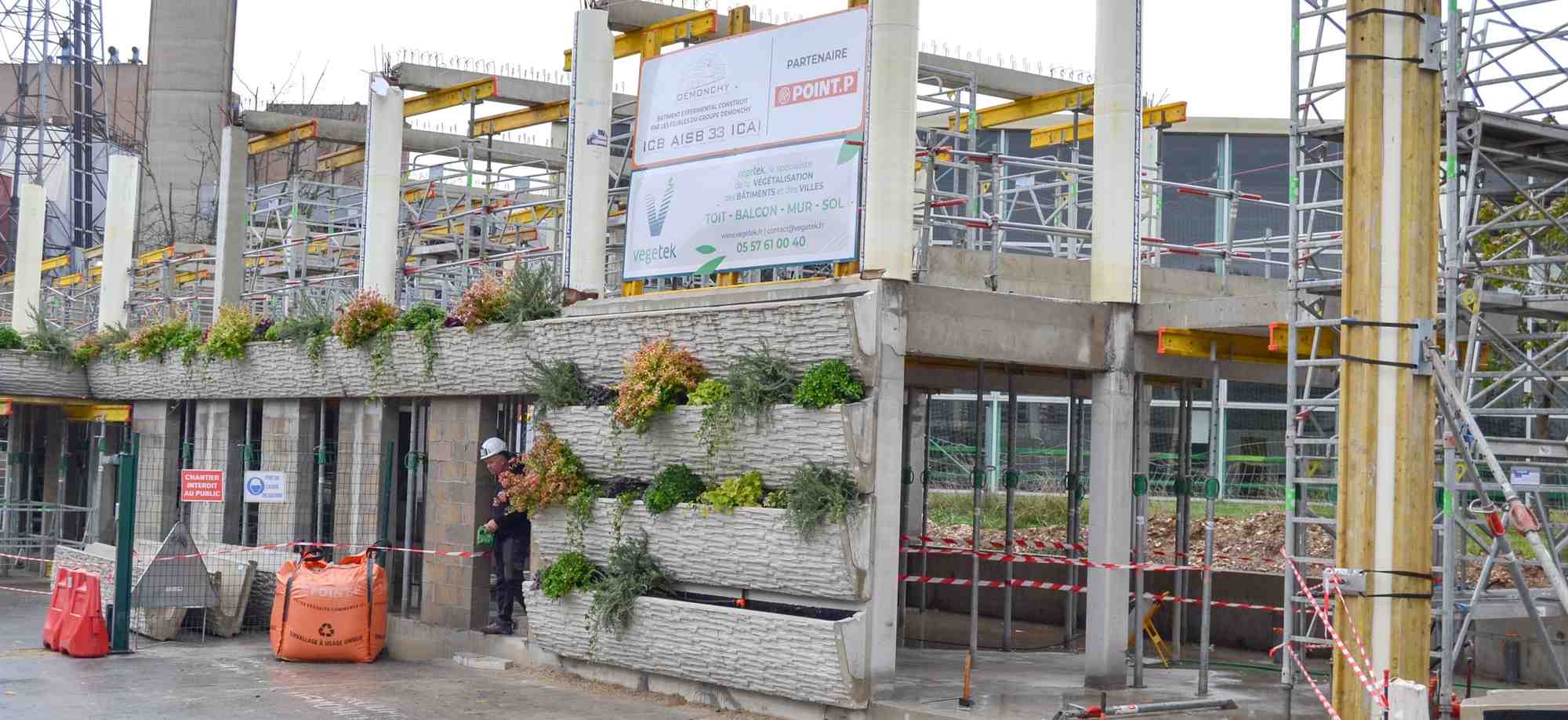 Le futur bâtiment qui accueillera l'équipe R&D de Vegetek avec des murs végétalisés.