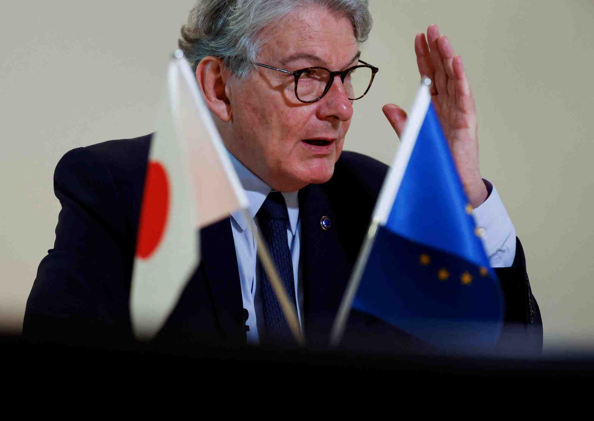 Thierry breton, commissaire europeen charge du marche interieur, s'exprime lors d'une interview accordee a reuters a tokyo