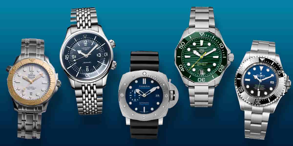 De gauche à droite, Omega Seamaster 300 m Paris 2024, Longines Legend Diver, Panerai Submersible, Tag Heuer Aquaracer Professional 300 date & GMT, Rolex Oyster Perpetual Deepsea.