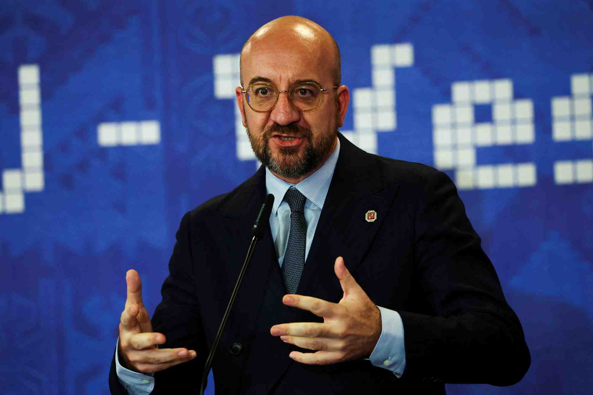 Le president du conseil europeen, charles michel, s'exprimant lors d'une conference de presse