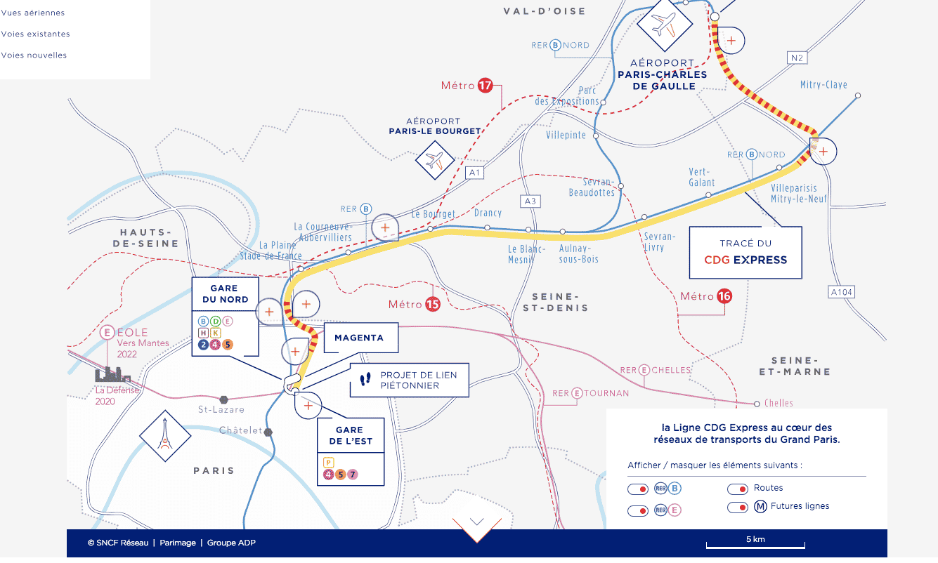 CDG Express, tracé, plan, future ligne, Paris-aéroport de Roissy-Charles-de-Gaulle, transports en commun, RER B,