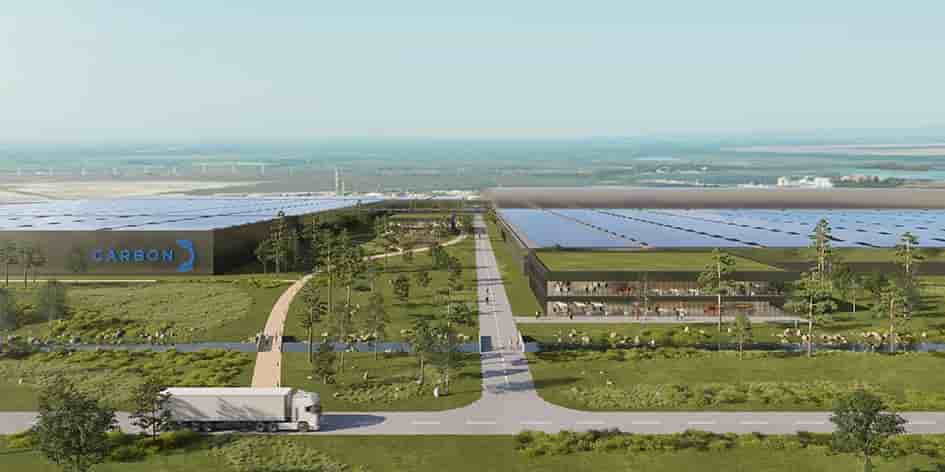 Image de synthèse représentant le projet d’usine Carbon de production de panneaux photovoltaïques.