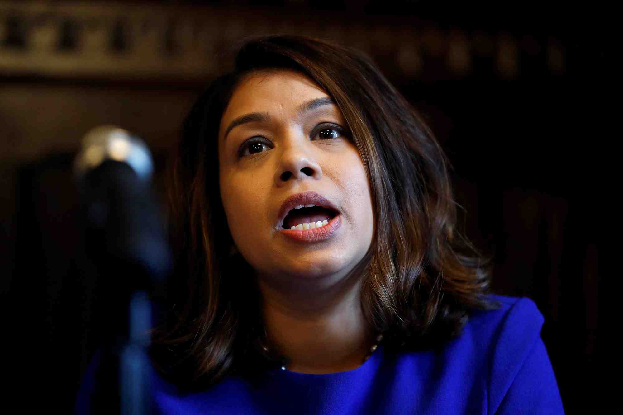 La deputee tulip siddiq lors d'une conference de presse a londres