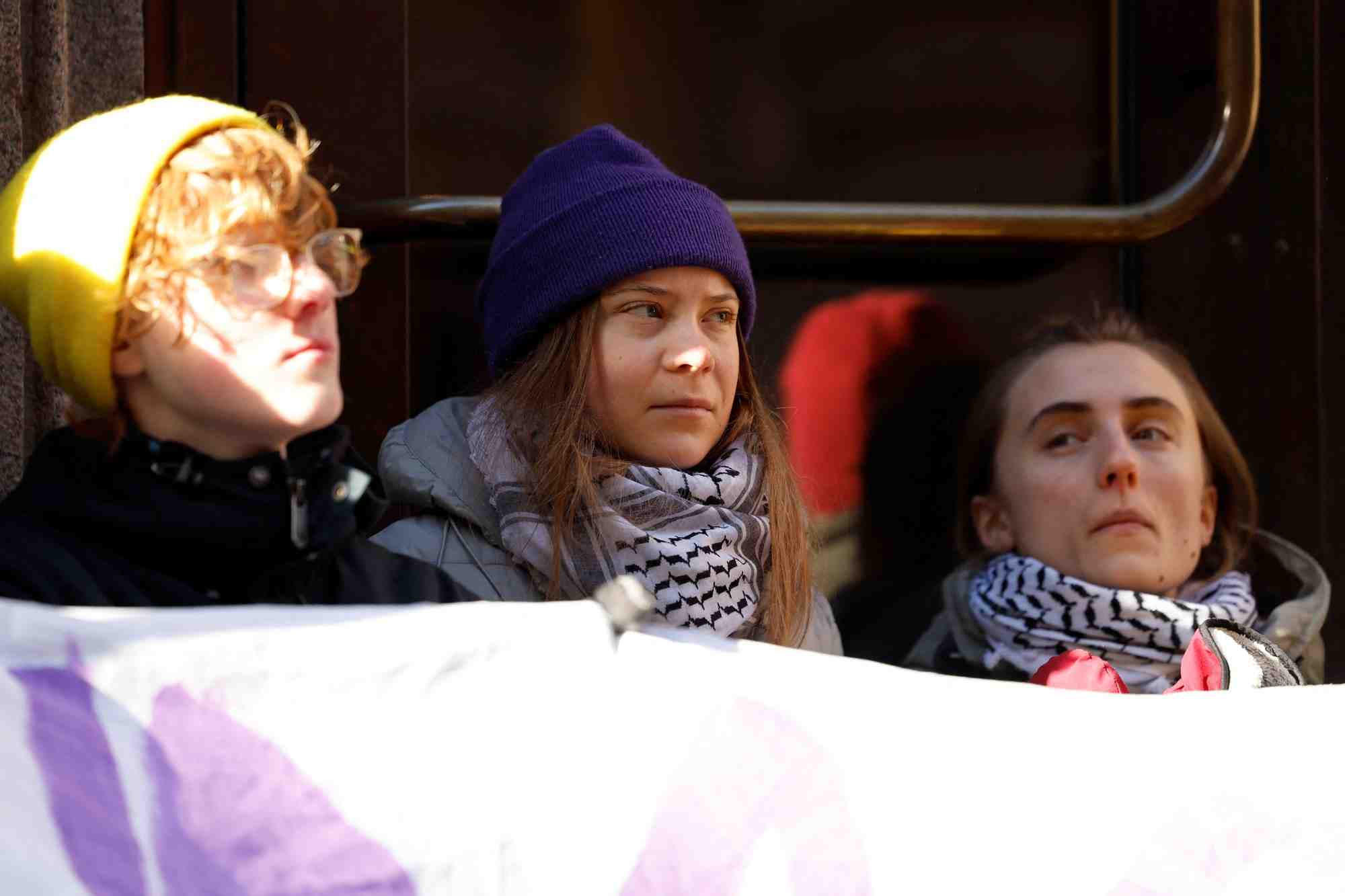Greta thunberg bloque l'entree du parlement suedois lors d'une manifestation a stockholm