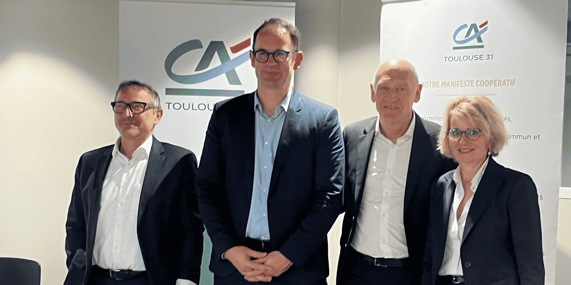 L'équipe du Crédit Agricole 31. De gauche à droite, Christophe Le Beaudour, Nicolas Mauré, Nicolas Langevin et Agnès Coulombe, respectivement Directeur Financier, Président, Directeur Général et Directrice Générale Adjointe de la Caisse régionale Crédit Agricole Toulouse 31.