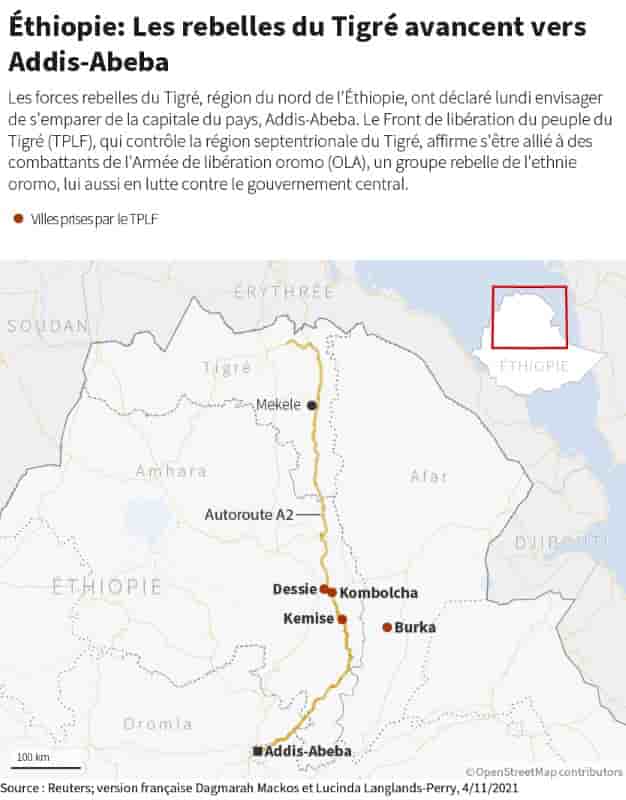 L'ethiopie: les rebelles tigreens et leurs allies menacent d'avancer vers la capitale