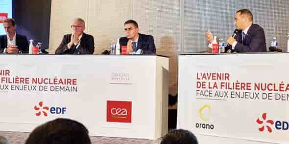 Philippe Knoche (Orano), Jean-Bernard Levy (EDF) et François Jacq (CEA), le 8 octobre 2021 au CEA Marcoule