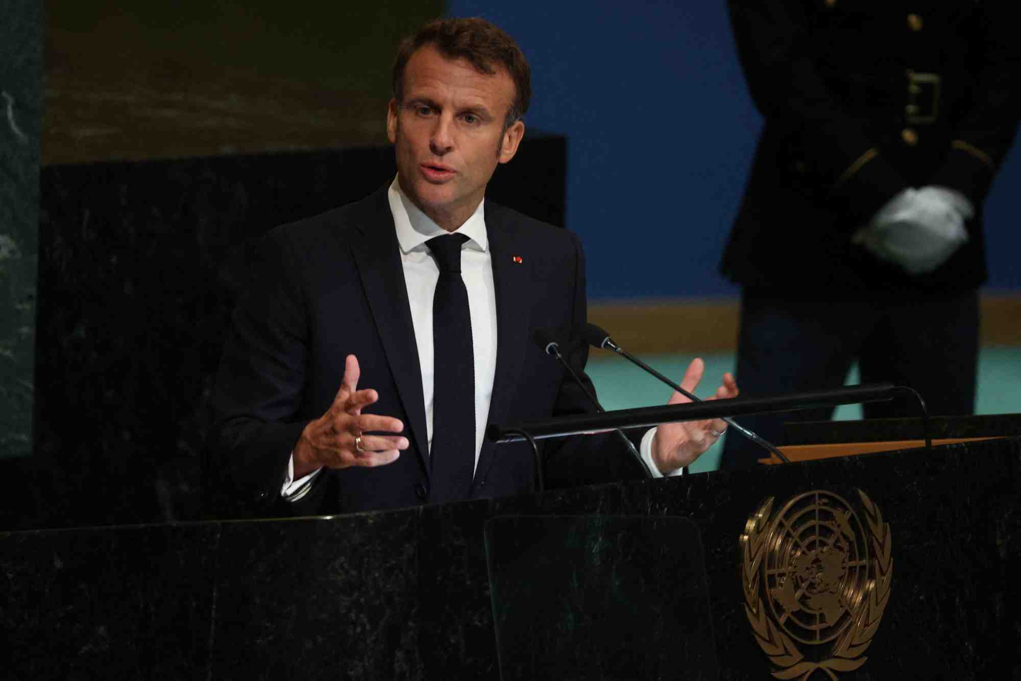 Le president emmanuel macron s'adresse a la 77e session de l'assemblee generale des nations unies a new york