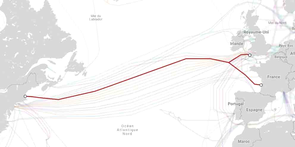 Le câble Amitié assure une connexion entre Lynn (non loin de Boston), aux Etats-Unis, et Le Porge, près de Bordeaux, en France, et Bude, au Royaume-Uni.