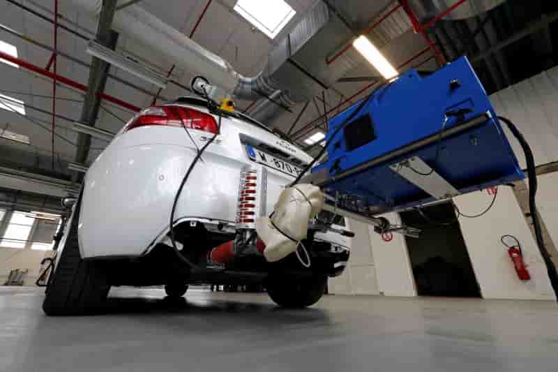 A portable emissions measurement system (pems) is pictured on a peugeot 308 car in carrieres-sous-poissy, near paris