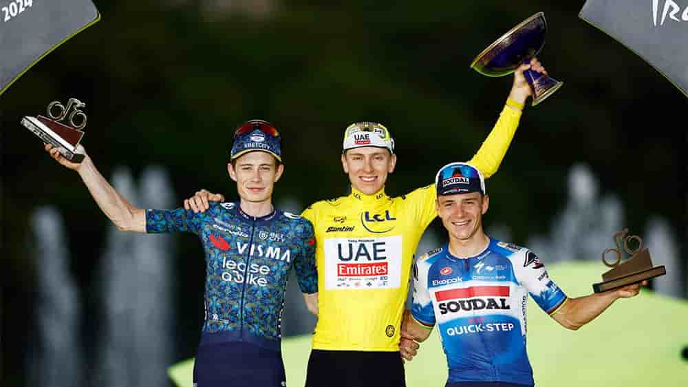 Tadej Pogacar, Jonas Vingegaard et Remco Evenepoel, sur le podium de la 21ème étape du Tour de France 2024.