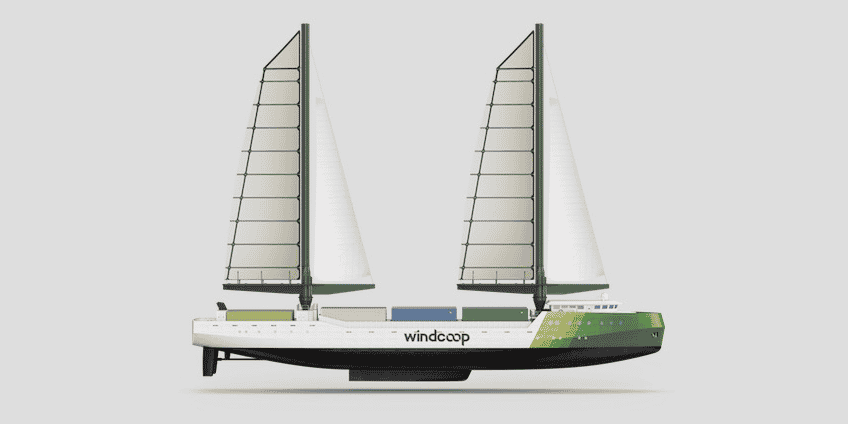 Le cargo porte-conteneurs à voile de Windcoop sera long de 85 mètres, avec une capacité d'une centaine de conteneurs pour un tonnage maximal de 1.400 tonnes.