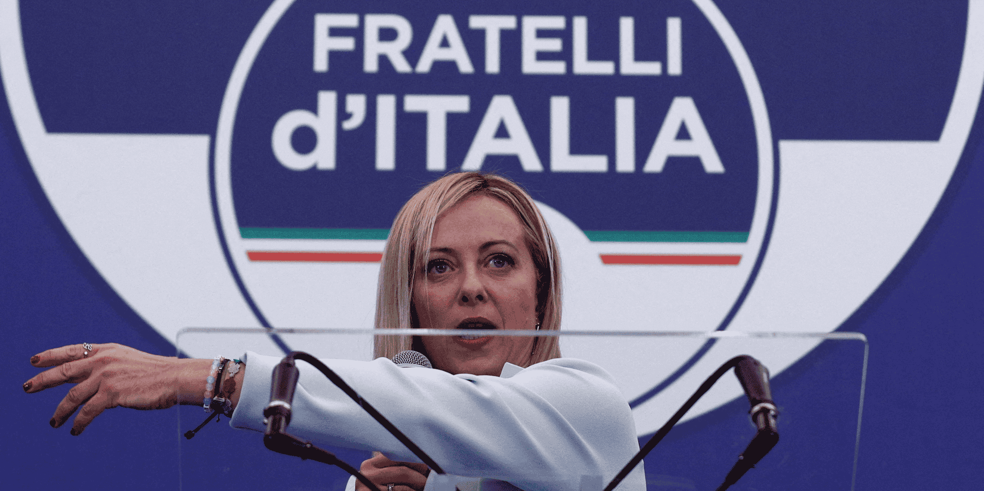 La cheffe des freres d'italie, giorgia meloni, s'exprime au siege de la soiree electorale du parti, a rome
