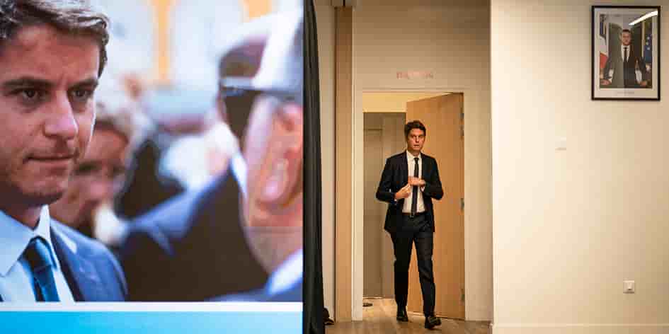 Gabriel Attal jeudi au siège de Renaissance à l’occasion de sa conférence de presse de présentation du projet.