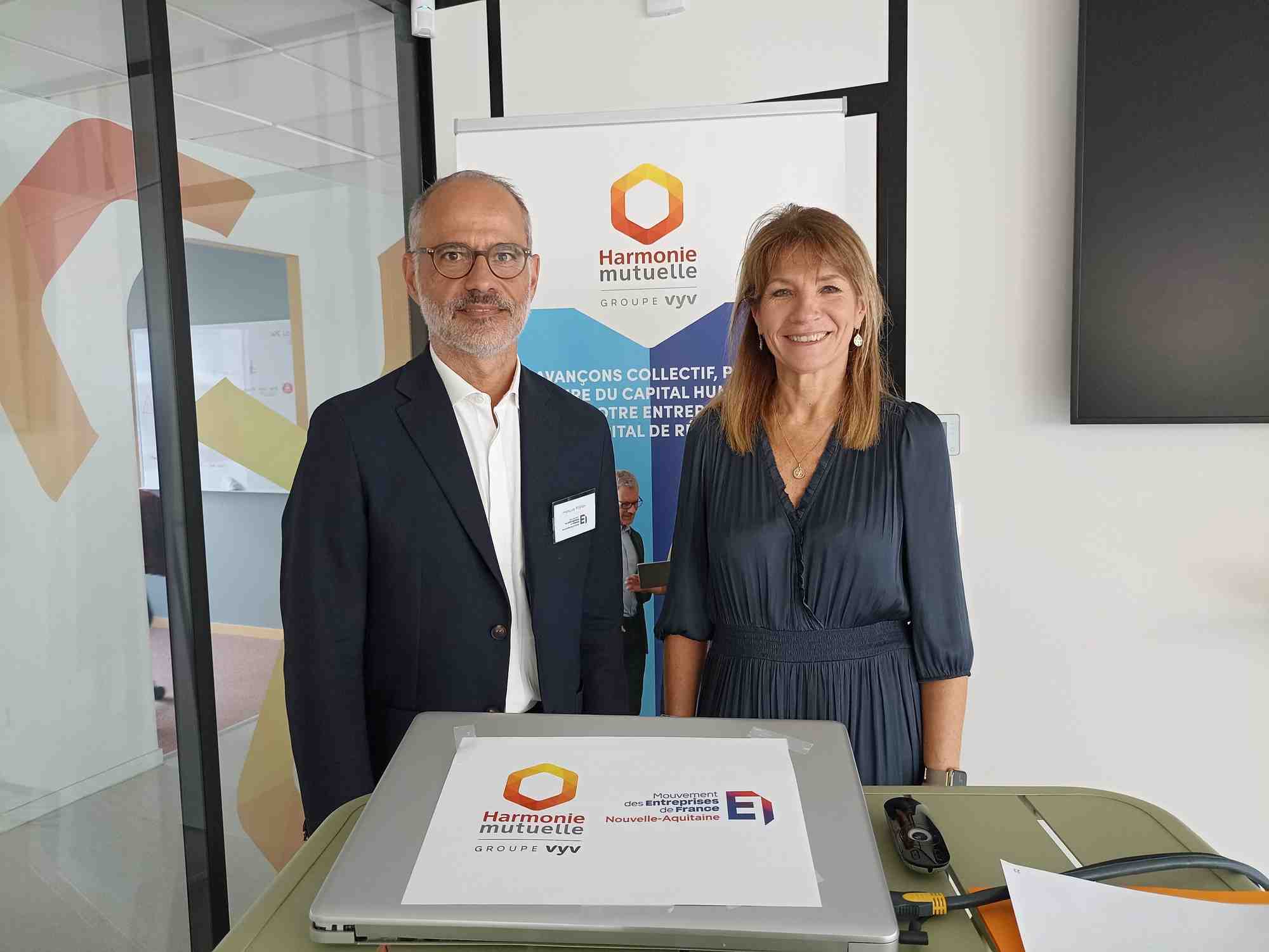 François Perrin, président du Medef Nouvelle-Aquitaine, et Magali Blanchet, directrice régionale Nouvelle-Aquitaine d'Harmonie Mutuelle