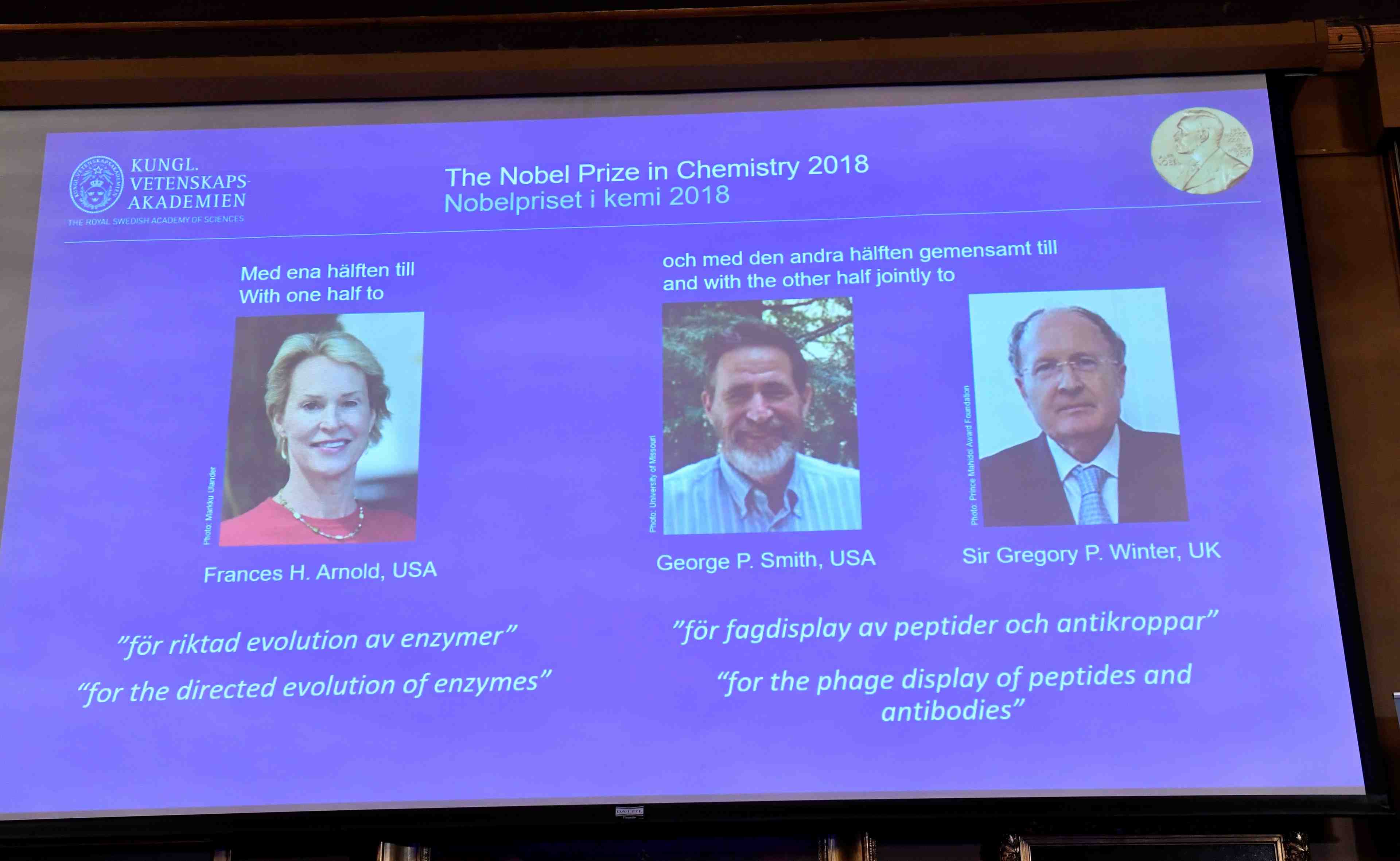 Le nobel de chimie 2018 attribue a frances arnold, george smith et gregory winter