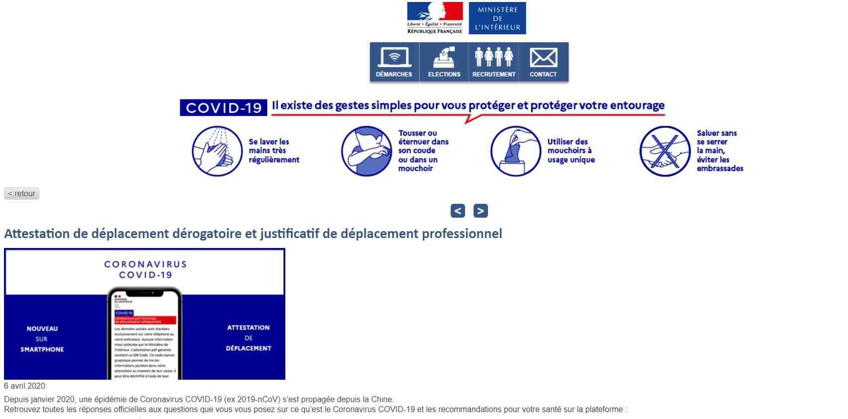 La page dédiée au générateur en ligne d'attestations de déplacement du ministère de l'Intérieur.