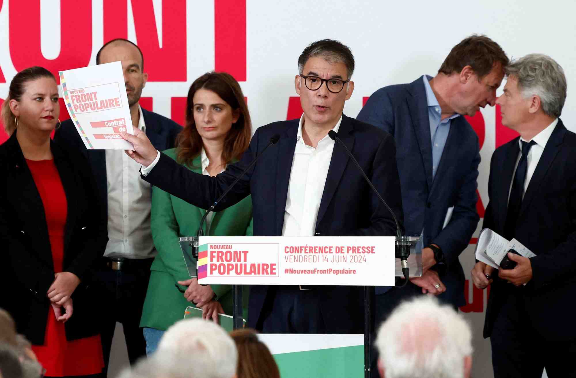 Olivier faure, premier secretaire du parti socialiste francais, lors d'une conference de presse de l'alliance des partis de gauche, baptisee "nouveau front populaire", a paris