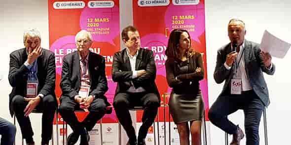 Jacques Gravegeal (Pays de Lunel), Gérard Lannelongue (Montpellier Métropole), André Deljarry (CCI 34), Stéphanie Andrieu (CCI 34) et Christian Assaf (Région Occitanie), lors du lancement de la 7e édition des RDV du financement.