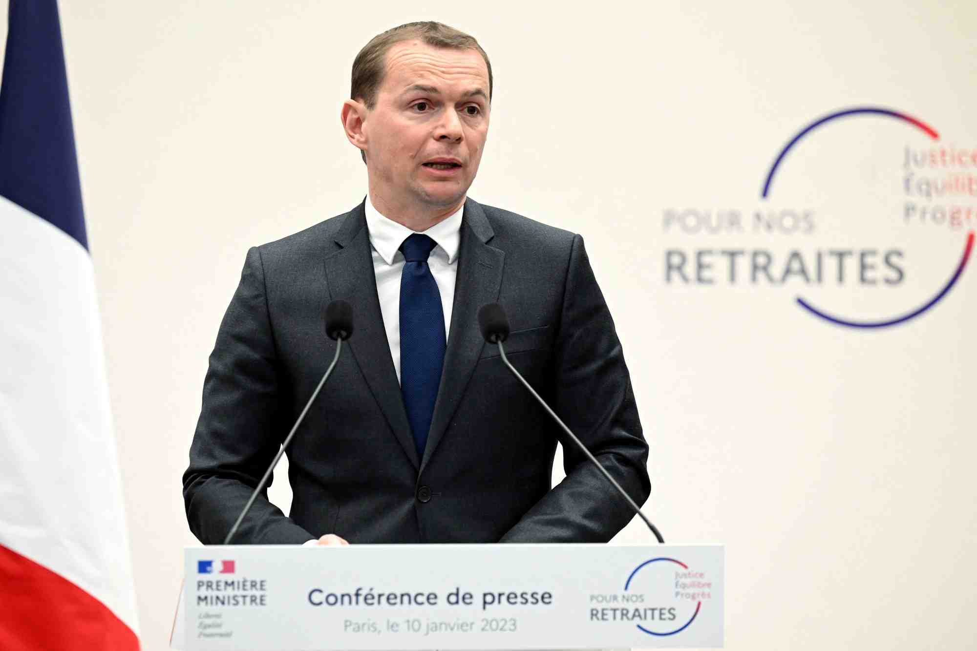 Le ministre francais du travail, olivier dussopt, lors d'une conference de presse a paris