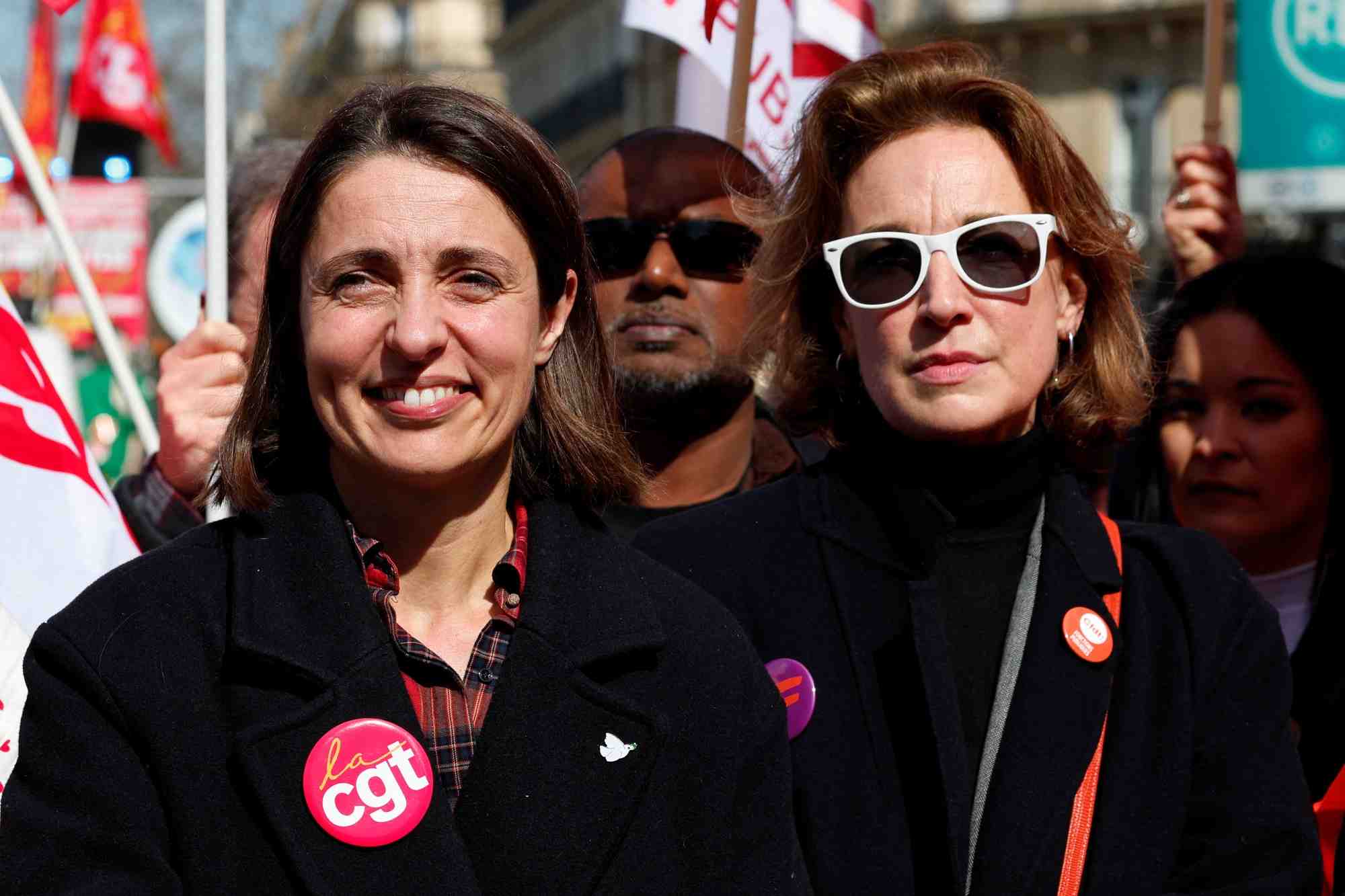 Les secretaires generales de la cgt, sophie binet, et de la cfdt marylise leon, lors d'une manifestation a paris