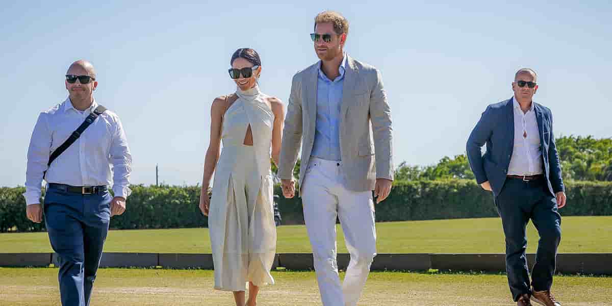 La duchesse de Sussex Meghan Markle et le prince Harry, duc de Sussex, arrivent au Polo Grand Champions à Wellington, en Floride, le 12 avril 2024. Le prince Harry participera au match de la soirée.
