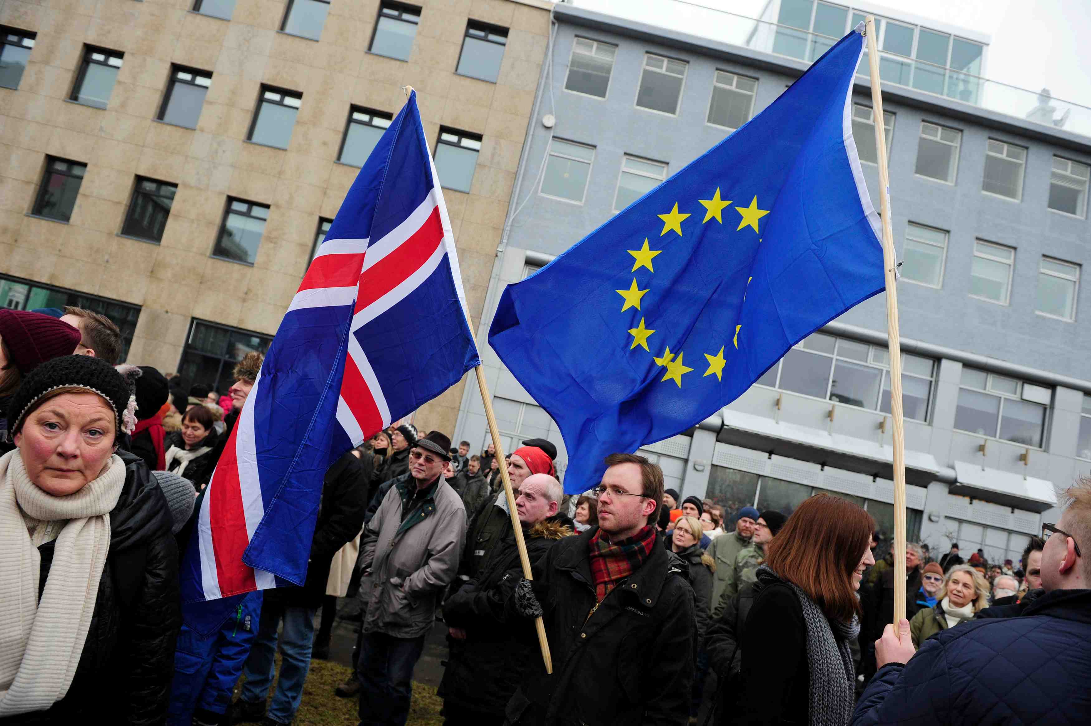 Islande manifestation pro-européenne du 15 mars 2015 pour protester contre le refus du gouvernement eurosceptique d'adhérer à l'Union