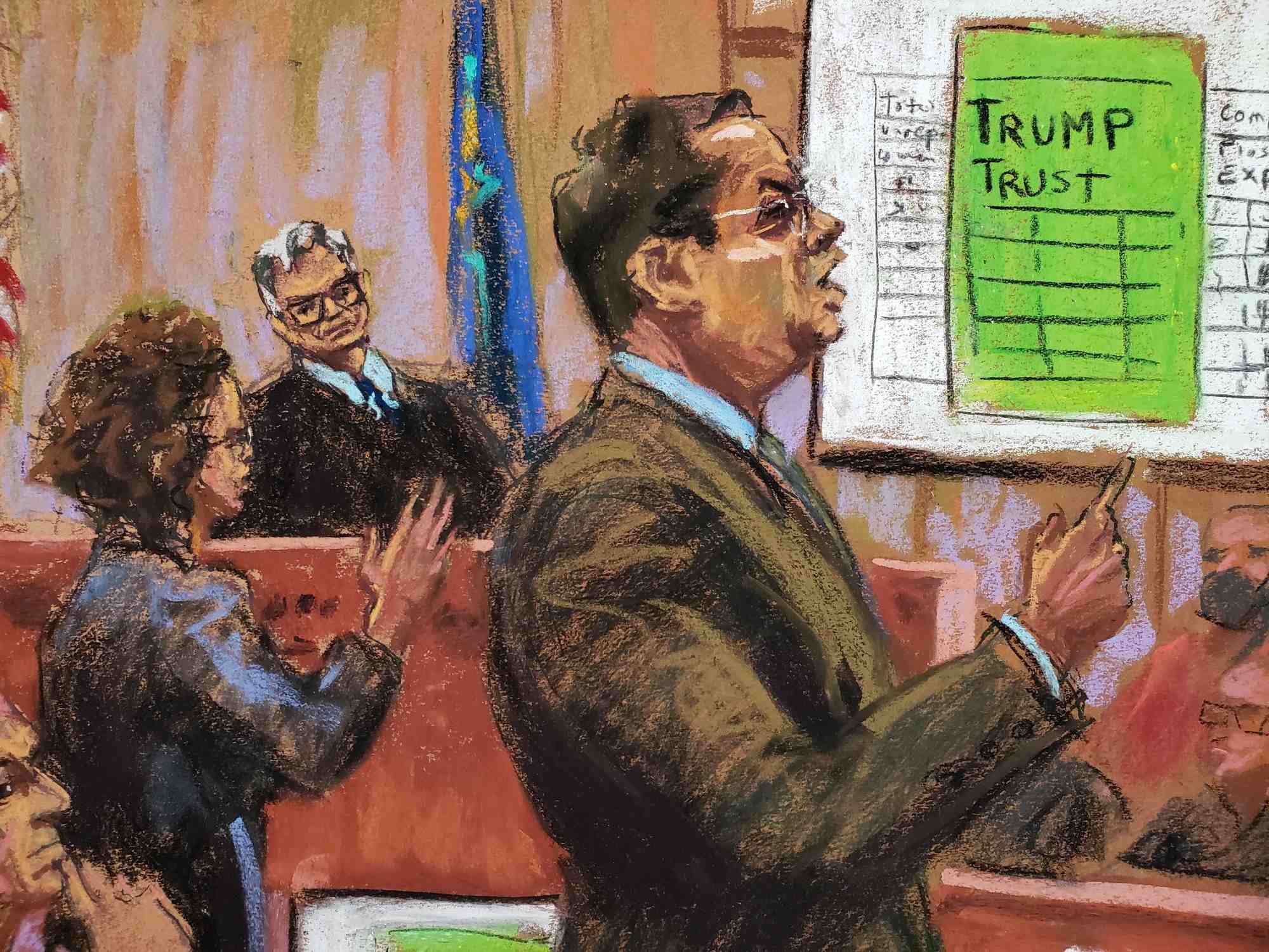 L'assistant du procureur de manhattan, joshua steinglass (a droite) et l'avocate susan necheles (debout a gauche) au proces de la trump organization