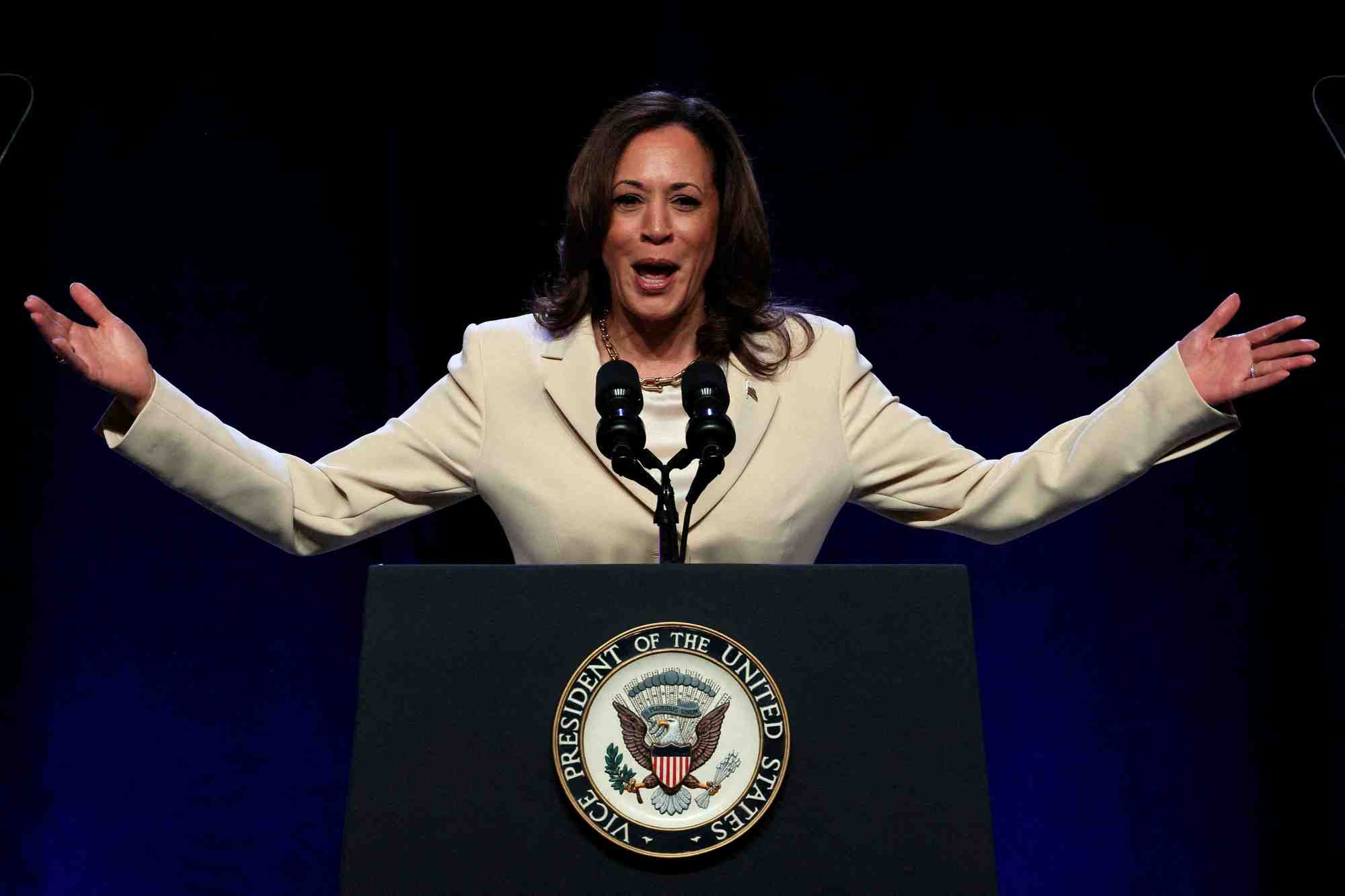 La vice-presidente americaine kamala harris lors de la convention constitutionnelle de unite here, a new york